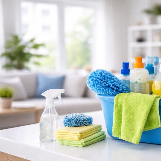 an image of a clean home with cleaning supplies on a counter
